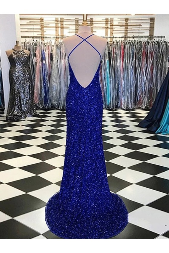 Sleeveless V-Neck Velvet Sequin Sheath Royal Blue Evening Dress Online