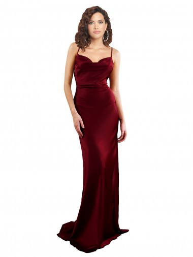 Sleeveless Burgundy Cowl Neck Criss Cross Open Back Silky Satin Sheath Evening Dresses Online