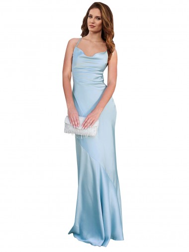 Sleeveless Cowl Neck Criss Cross Open Back Silky Satin Sheath Formal Evening Dress Online
