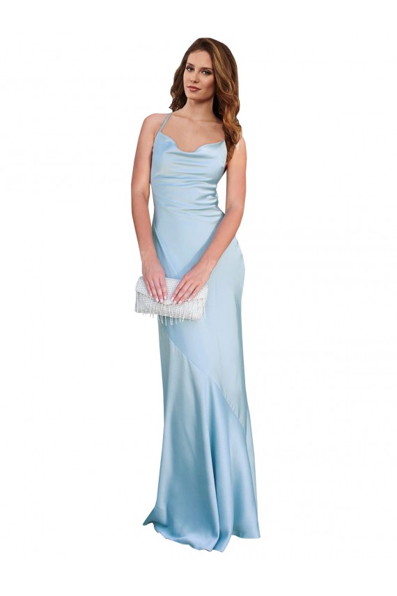 Sleeveless Cowl Neck Criss Cross Open Back Silky Satin Sheath Formal Evening Dress Online