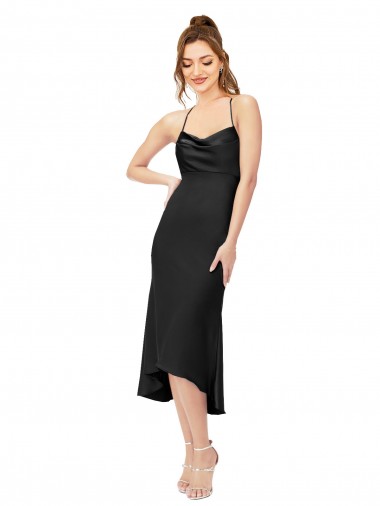 Sleeveless Cowl Neck Criss Cross Back Silky Satin Sheath High Low Evening Dress Online