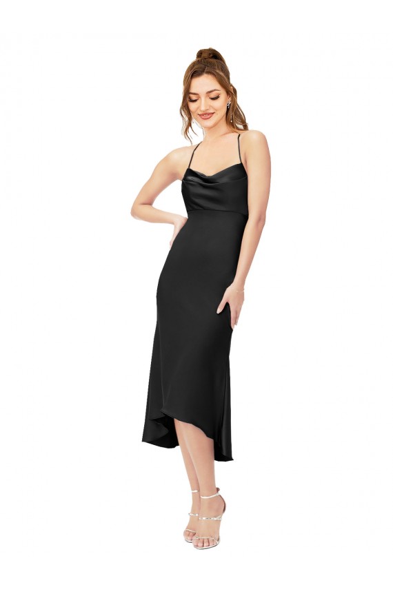 Sleeveless Cowl Neck Criss Cross Back Silky Satin Sheath High Low Evening Dress Online