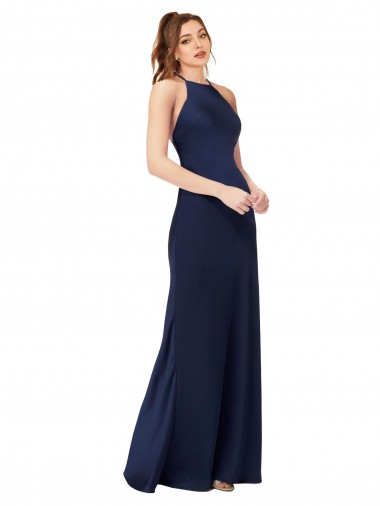 Sleeveless High Neck Criss Cross Back Silky Satin Sheath Formal Evening Dress Online