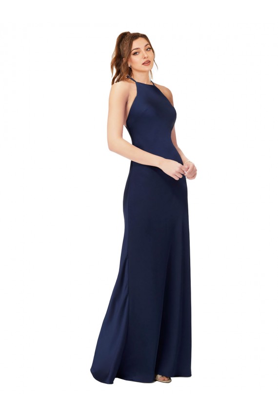Sleeveless High Neck Criss Cross Back Silky Satin Sheath Formal Evening Dress Online