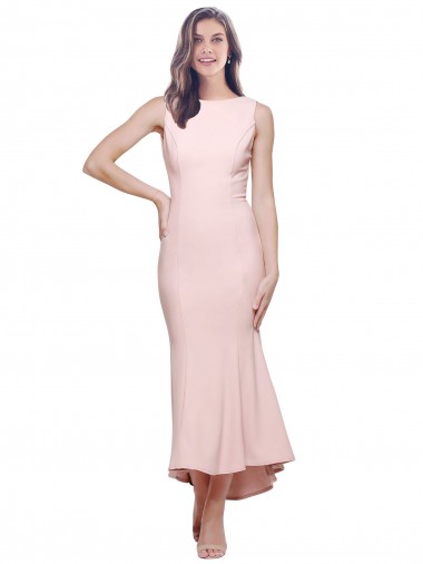Sleeveless High Neck Low Back Stretch Crepe Sheath High Low Evening Dress Online