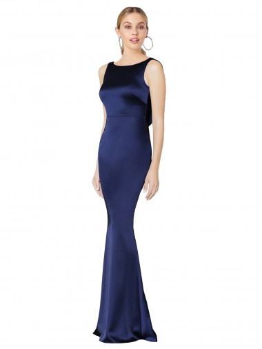 Sleeveless Dark Navy Halter Neck Low Back Stretch Satin Sheath Formal Evening Dress Online