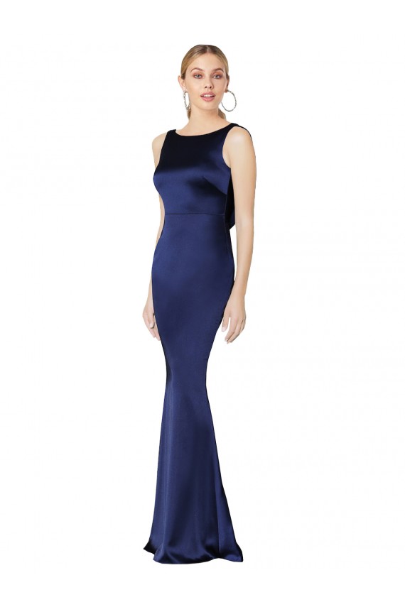 Sleeveless Dark Navy Halter Neck Low Back Stretch Satin Sheath Formal Evening Dress Online