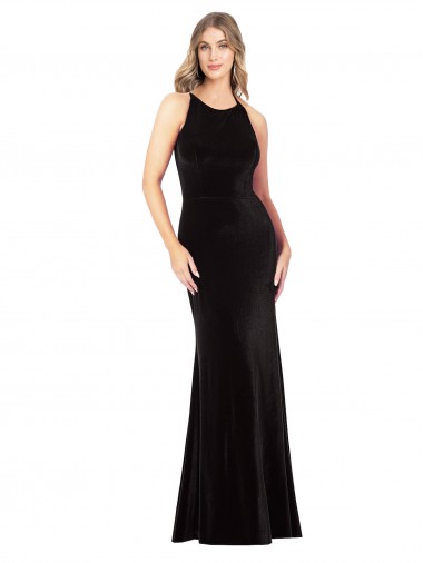 Sleeveless Spaghetti Straps Criss Cross Back Stretch Velvet Sheath Formal Evening Dress Online