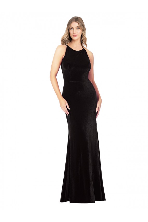 Sleeveless Spaghetti Straps Criss Cross Back Stretch Velvet Sheath Formal Evening Dress Online