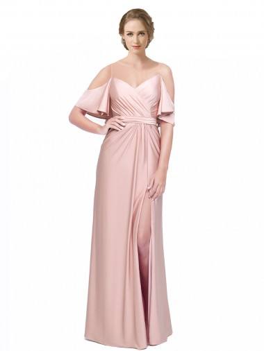 Cold Shoulder Off the Shoulder Low Back Silky Satin Sheath Formal Evening Dress Online
