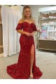 Short Sleeves Off the Shoulder Velvet Sequin Sheath Evening Dress Online