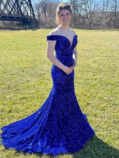 Sleeveless Off the Shoulder Velvet Sequin Sheath Evening Dress Online