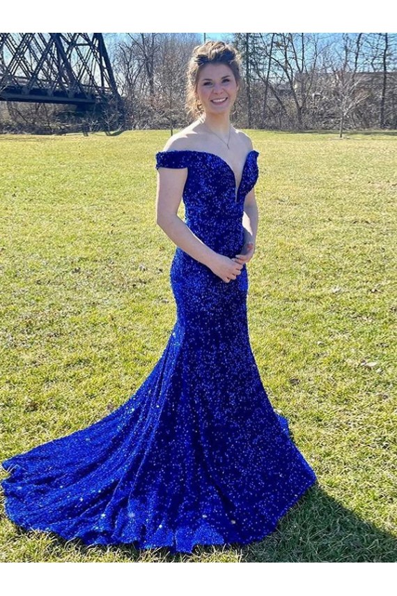 Sleeveless Off the Shoulder Velvet Sequin Sheath Evening Dress Online