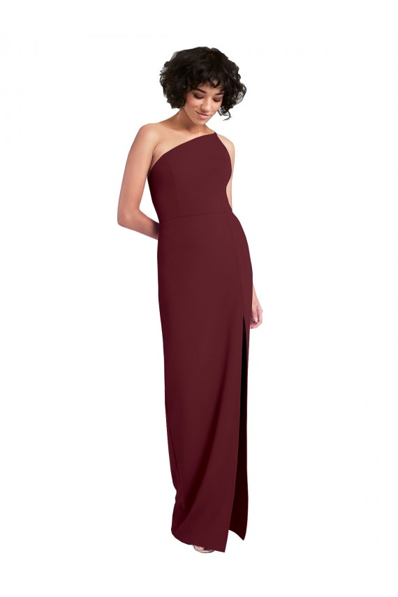 Sleeveless Burgundy Gold One Shoulder Stretch Crepe Sheath Formal Evening Dress Online