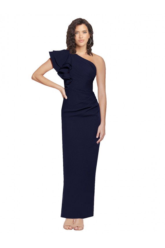 Sleeveless Dark Navy One Shoulder Stretch Crepe Sheath Evening Dresses Online