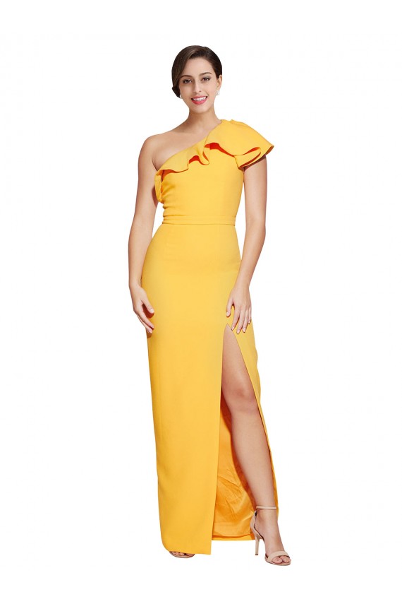 Sleeveless Saffron One Shoulder Stretch Crepe Sheath Formal Evening Dress Online