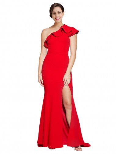 Sleeveless Red One Shoulder Stretch Crepe Sheath Semi Formal Evening Dress Online