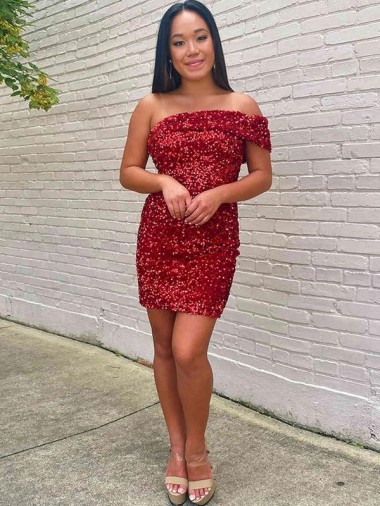 Sleeveless One Shoulder Velvet Sequin Sheath Evening Gowns Online