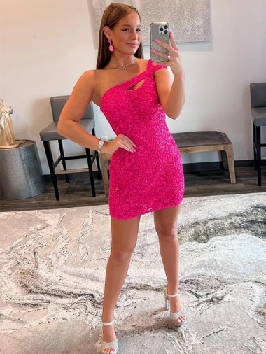 Sleeveless Fuchsia One Shoulder Velvet Sequin Sheath Evening Dresses Online