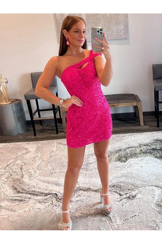 Sleeveless Fuchsia One Shoulder Velvet Sequin Sheath Evening Dresses Online