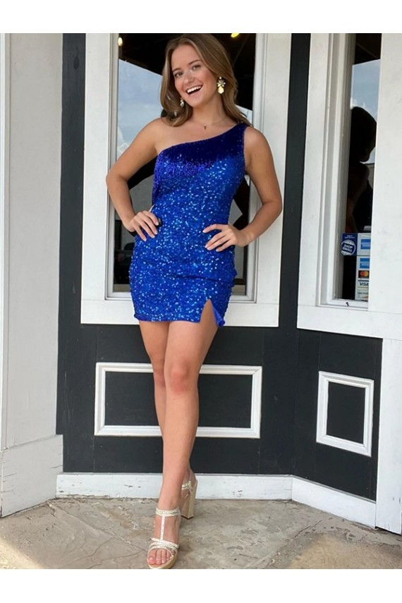 Sleeveless One Shoulder Velvet Sequin Sheath Homecoming Dresses Online