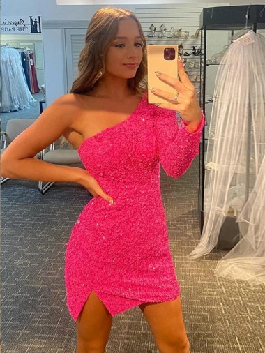 Long Sleeves One Shoulder Velvet Sequin Sheath Short Evening Dress Online