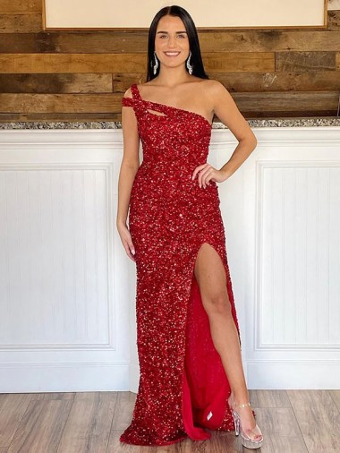 Sleeveless Burgundy One Shoulder Velvet Sequin Sheath Evening Dresses Online