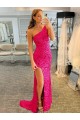 Sleeveless Fuchsia One Shoulder Velvet Sequin Sheath Evening Dress Online