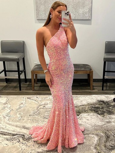 Sleeveless Pink One Shoulder Velvet Sequin Sheath Evening Dress Online