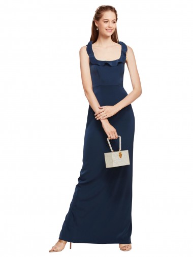 Sleeveless Dark Navy Scoop Neck Low Back Stretch Crepe Sheath Formal Evening Dress Online