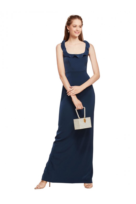 Sleeveless Dark Navy Scoop Neck Low Back Stretch Crepe Sheath Formal Evening Dress Online