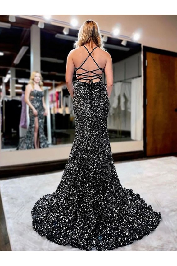 Sleeveless Spaghetti Straps Velvet Sequin Sheath Long Evening Dress Online