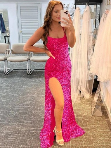 Sleeveless Long Spaghetti Straps Velvet Sequin Sheath Evening Dress Online