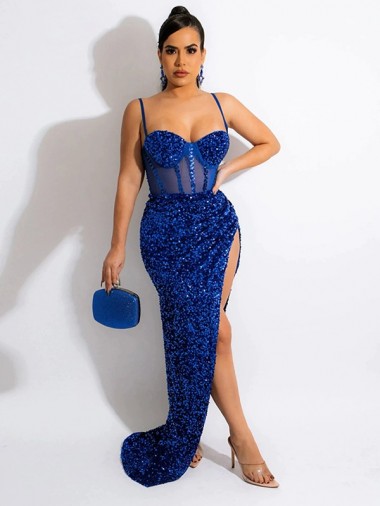 Sleeveless Royal Blue Spaghetti Straps Velvet Sequin Sheath Evening Dress Online