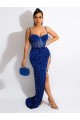 Sleeveless Royal Blue Spaghetti Straps Velvet Sequin Sheath Evening Dress Online
