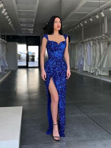 Sleeveless Spaghetti Straps Velvet Sequin Sweep Train Evening Dress Online