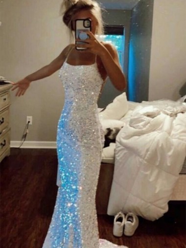 Sleeveless Spaghetti Straps Velvet Sequin Sheath Evening Dress Online