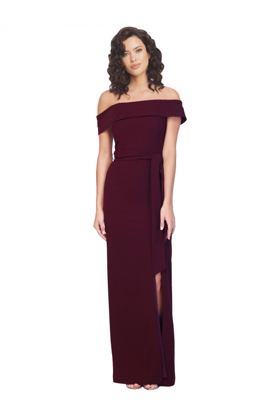 Sleeveless Burgundy Gold Off the Shoulder Low Back Stretch Crepe Sheath Formal Evening Dress Online
