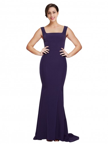 Sleeveless Dark Navy Square Neck Stretch Crepe Sheath Semi Formal Evening Dress Online