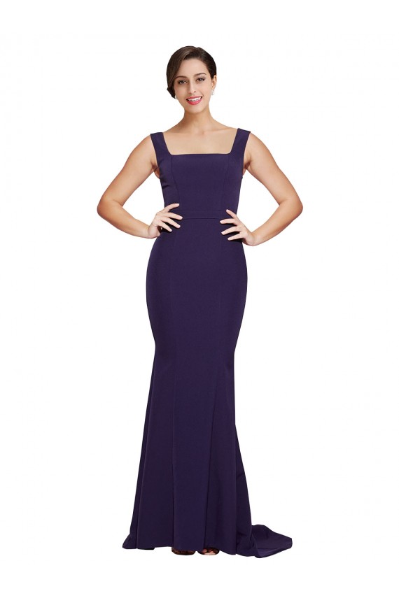 Sleeveless Dark Navy Square Neck Stretch Crepe Sheath Semi Formal Evening Dress Online