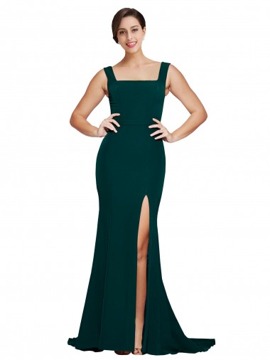 Sleeveless Midnight Green Square Neck Stretch Crepe Sheath Semi Formal Evening Dress Online