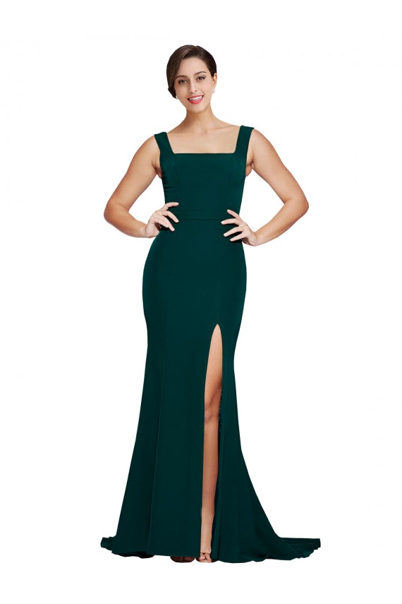 Sleeveless Midnight Green Square Neck Stretch Crepe Sheath Semi Formal Evening Dress Online