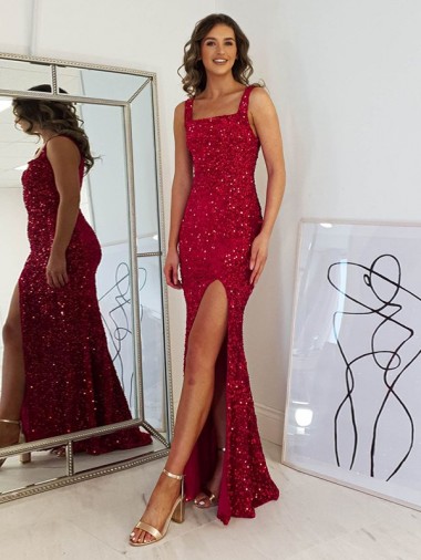 Sleeveless Square Neck Velvet Sequin Sheath Evening Dress Online