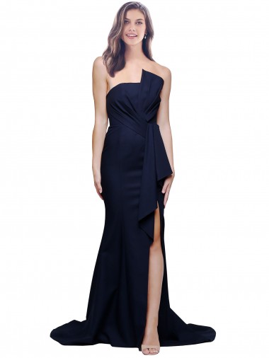 Sleeveless Dark Navy Strapless Low Back Stretch Crepe Sheath Semi Formal Evening Dress Online