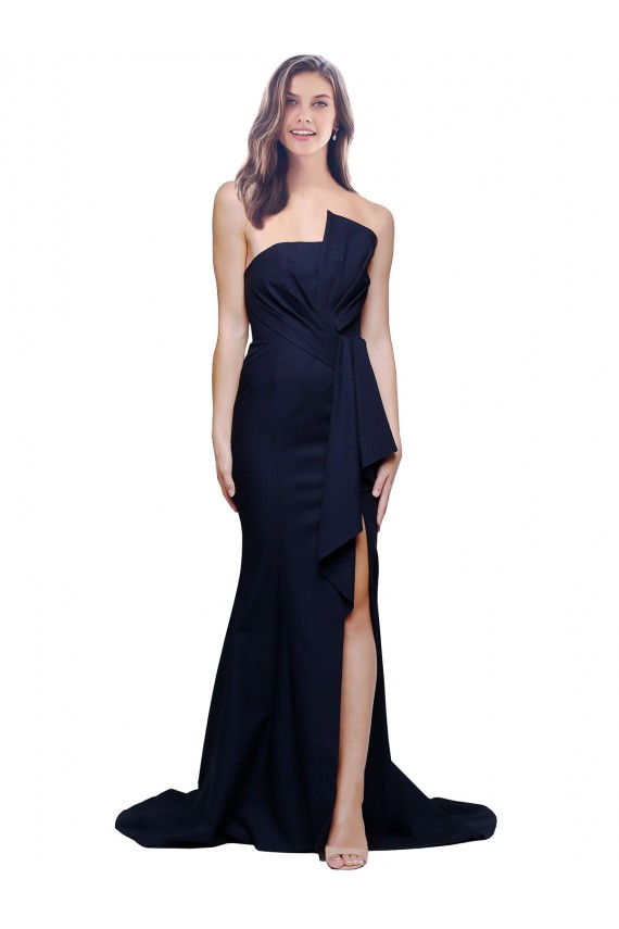 Sleeveless Dark Navy Strapless Low Back Stretch Crepe Sheath Semi Formal Evening Dress Online
