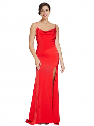 Sleeveless Cowl Neck Low Back Stretch Satin Sheath Formal Evening Dress Online