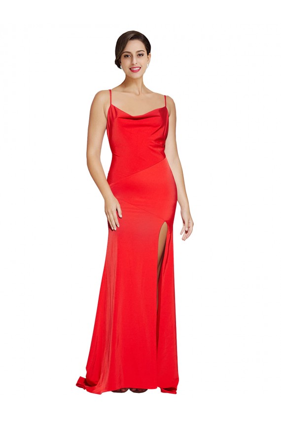 Sleeveless Cowl Neck Low Back Stretch Satin Sheath Formal Evening Dress Online