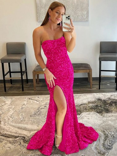 Sleeveless Fuchsia Strapless Velvet Sequin Sheath Evening Dress Online