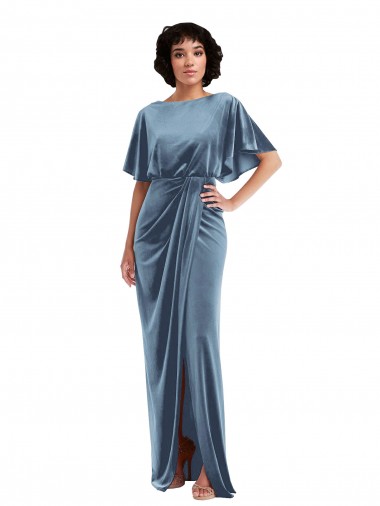 Flutter Sleeves Open Back Stretch Velvet Sheath Semi Formal Evening Dress Online