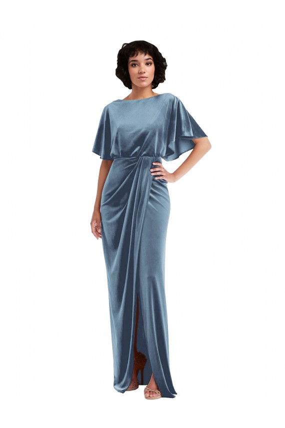 Flutter Sleeves Open Back Stretch Velvet Sheath Semi Formal Evening Dress Online